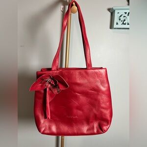 Paolo Madi Vibrant Red Leather Tote purse with Decorative Flower
